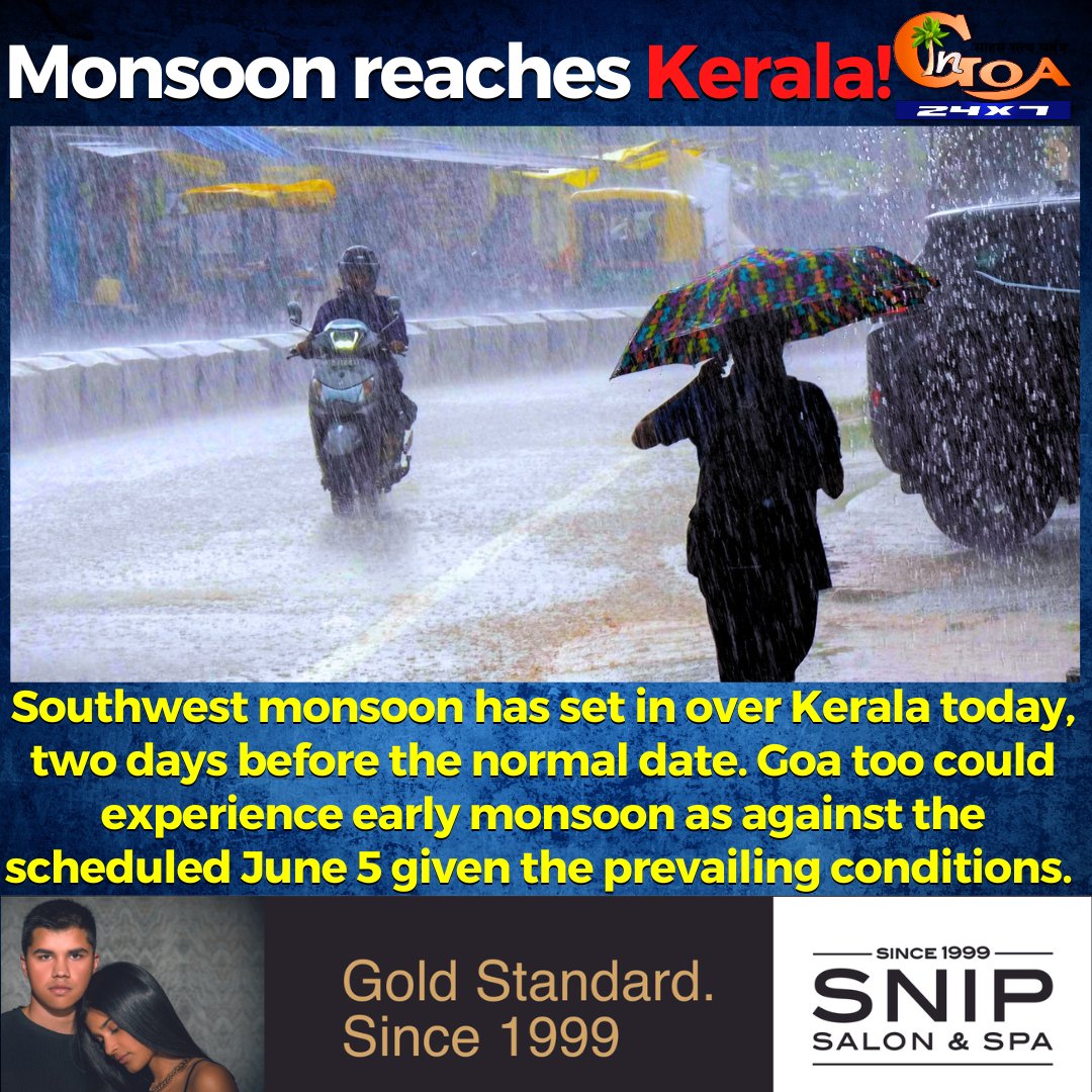 Southwest monsoon has set in over Kerala today, two days before the normal date. Goa too could experience early monsoon as against the scheduled June 5 given the prevailing conditions. #Goa #GoaNews #Monsoon #Kerala #June