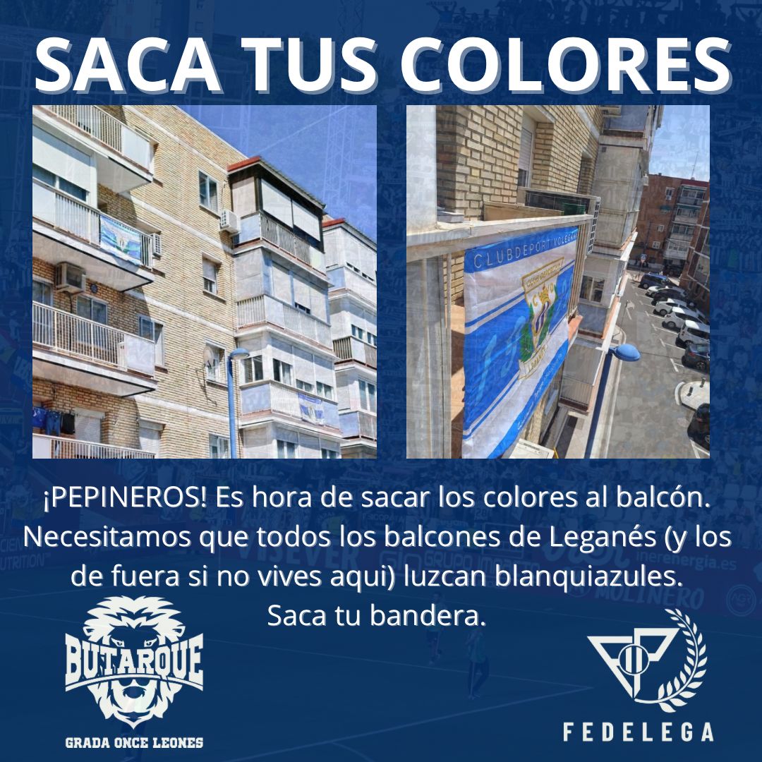 SACA TUS COLORES || Desde la Grada Once Leones y la @FPLeganes os animamos a todos a sacar vuestras banderas para que Leganés vista de blanquiazul. Decoremos la ciudad. #SueñaLeganes #RugeButarque