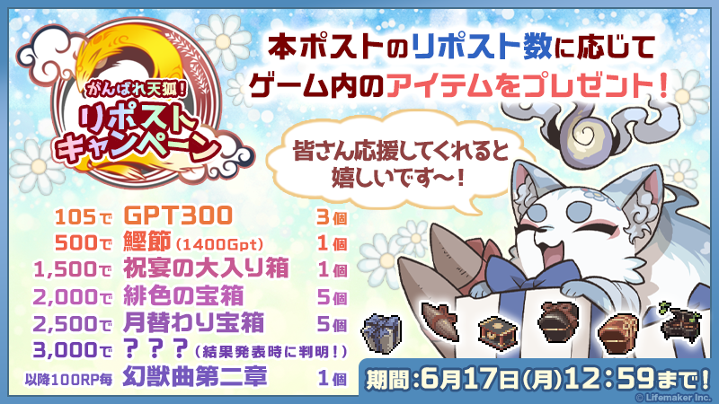 がんばれ天狐！リポストキャンペーン

対象期間中（6月17日12:59まで）についた
本投稿のリポスト合計数に応じて…
豪華アイテムをプレゼント♪

参加方法はこの投稿をリポストするだけ！

結果発表は7月1日15:30！

詳しくは『公式ブログ』をチェック☆
genmono2.jp/blog-entry-162…

#幻獣物語2