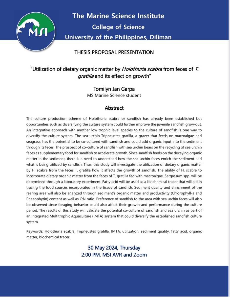 Our MSc student, Tomilyn Jan Garpa, will present her thesis proposal on today at 2:00 PM in hybrid mode. Those intending to attend in person can proceed to the MSI AVR. Zoom meeting link available upon request. 

Good luck, Tomi! 🌊🌊