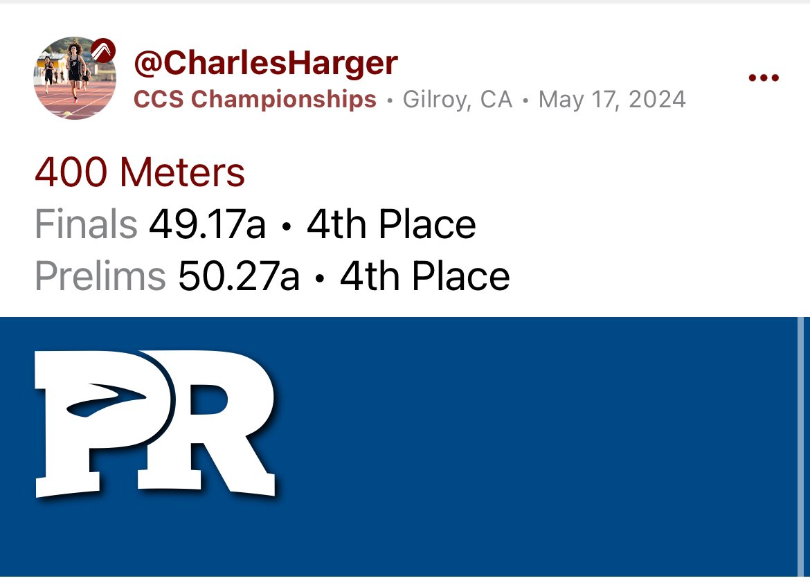CharlesHargerTF's tweet photo. CIF CCS Championships

May 11th &amp; 18th, 2024

Placed 4th in CA Central Coast Section! Huge PR by over 1 whole second!

Trials: 400m - 50.27 PR | 4th/32
Finals: 400m - 49.17 PR | 4th/32

#trackandfield #track #recruitment #recruiting #unsigned #400m #fast #classof2026 #running https://t.co/het1RuaS9u