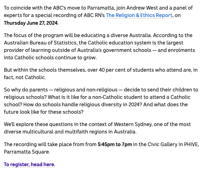 The ABC Religion & Ethics Report doing an entire live episode on religious schools & diversity - with particular emphasis on Catholic schools - but zero mention of the major public debate right now, re their ongoing legal privilege to discriminate against LGBTQ+ students & staff.