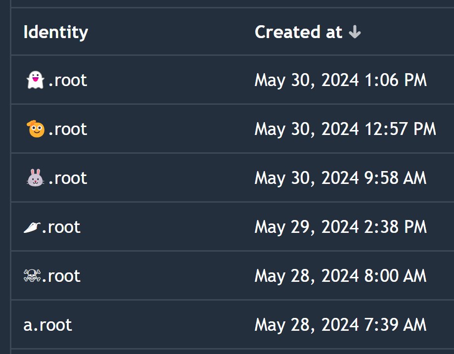 Keeping an eye on these 1 character @RootNameService identity registrations thanks to @beleevens and @gambainsights and just noticed people have recently registered some absolute bangers including 🐰.root !!!!! Just waiting for @futureverse ROOT rewards to drop and then ill be