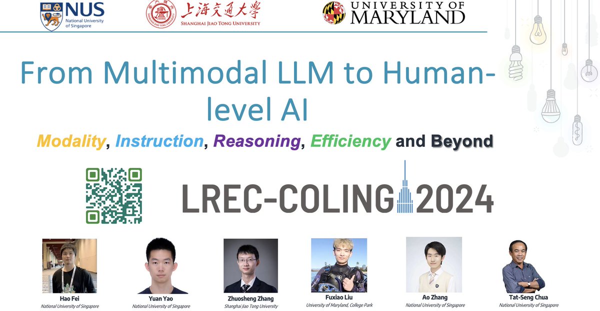 🚨Multimodal large language models have recently show an unprecedented trend to achieve human-level AI . Our tutorial is now public.

➡️Paper: aclanthology.org/2024.lrec-tuto…
➡️Website: mllm2024.github.io/COLING2024/
➡️Slides:drive.google.com/drive/folders/…

#gpt #agi @CVPR #multimodal #nlp #coling
