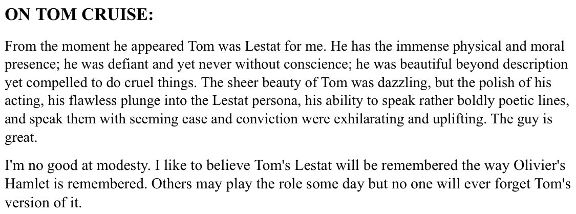tcarchive0220's tweet image. Anne Rice on Tom cruise (Daily Variety September 23, 1994)
&quot; from the moment he appeared Tom was Lestat for me&quot;

and I like his reaction 

#interviewwithavampire