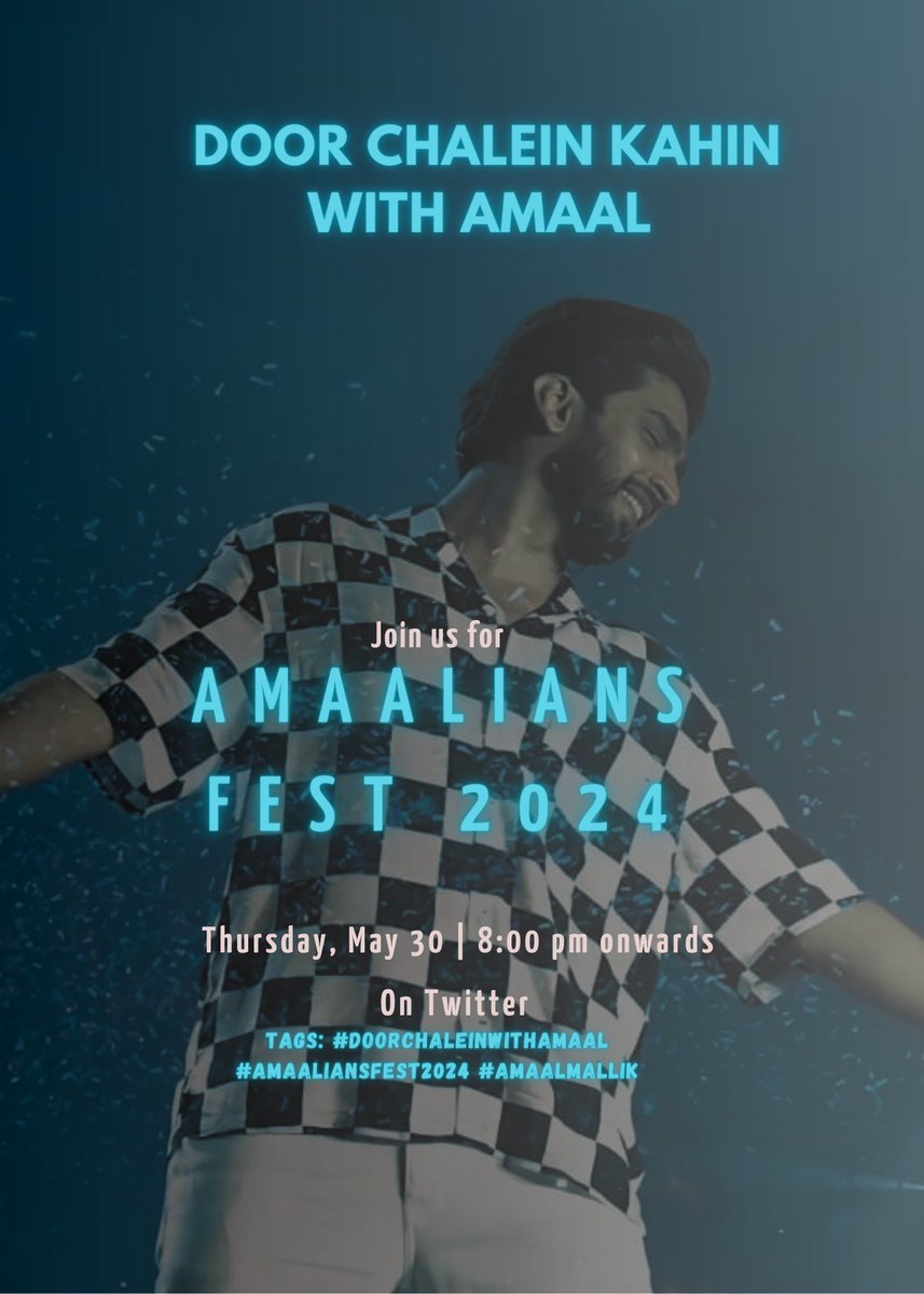 #Amaalians it's Day 15 of #AmaaliansFest2024 

Today we will take you on a musical trip with @AmaalMallik 💗 Chalo #DoorChaleinKahin 🚗 💛

Time: 8pm onwards

Tags: #DoorChaleinWithAmaal #AmaaliansFest2024 #AmaalMallik
Playlist: open.spotify.com/playlist/0ZajJ…