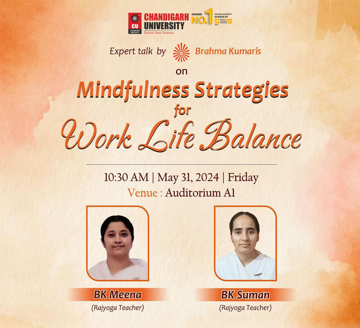 Discover the keys to work-life harmony! Join us on May 31st at 10:30 AM in the A1 Auditorium for 'Mindfulness Strategies for Work-Life Balance' with BK Meena and BK Suman. Let their wisdom light your path to balance and success. See you there! #WorkLifeHarmony