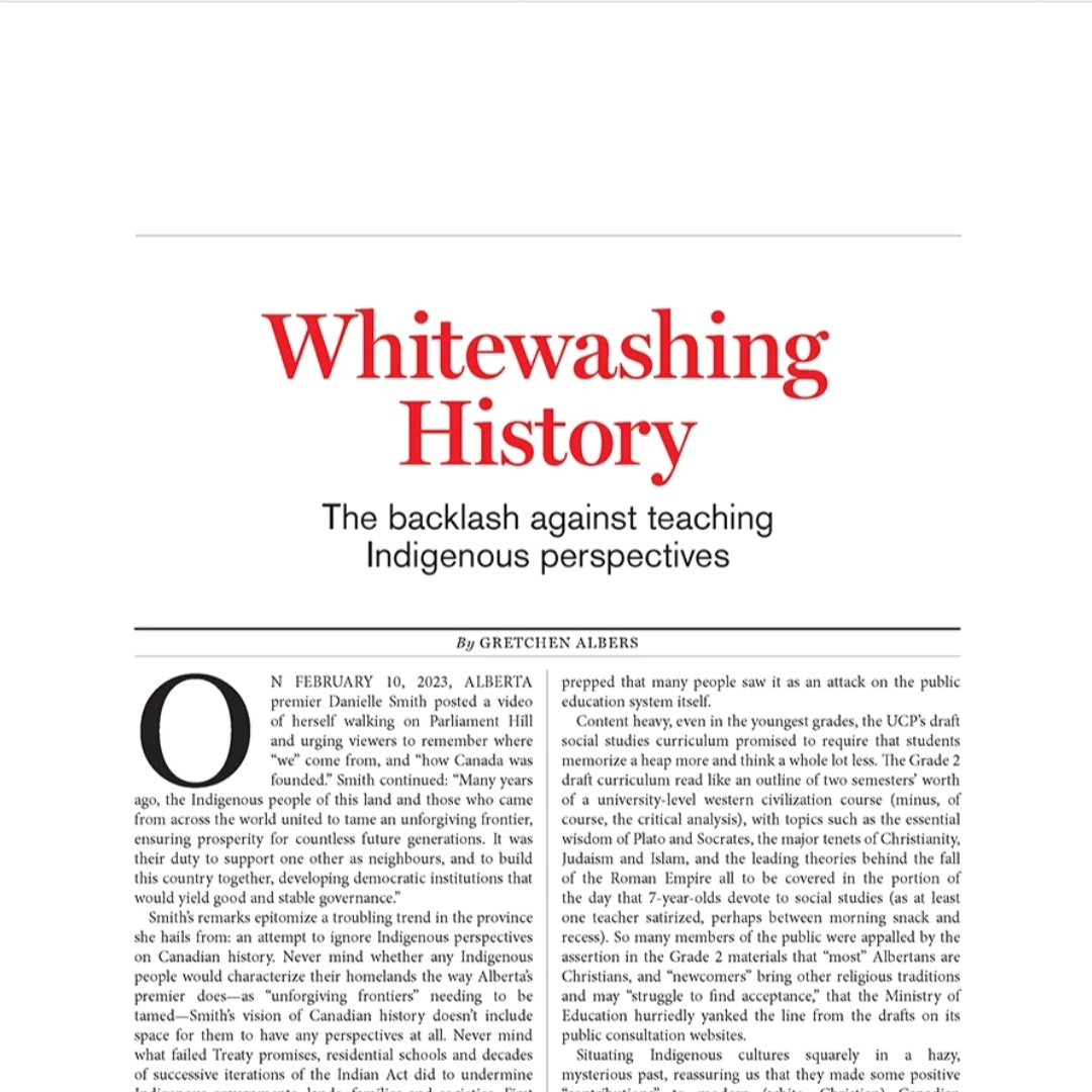 Congratulations to @ChargerBison4Ev for having her article 'Whitewashing History: Backlash Against Teaching Indigenous Perspectives' in @albertaviews nominated for best magazine article by @albertamagazines. You can read it here: albertamagazines.com/nominees/white….