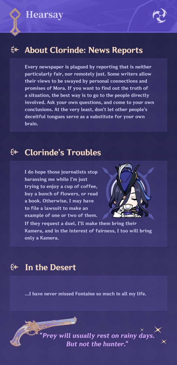 'For when I draw my blade, I am but an instrument of Fontaine's law.' — 'Candlebearer, Shadowhunter' Clorinde #GenshinImpact4ꓸ7 #GenshinImpact

Hello, Traveler! The character we are introducing today is the undefeated Champion Duelist of the Court of Fontaine, #Clorinde. She is