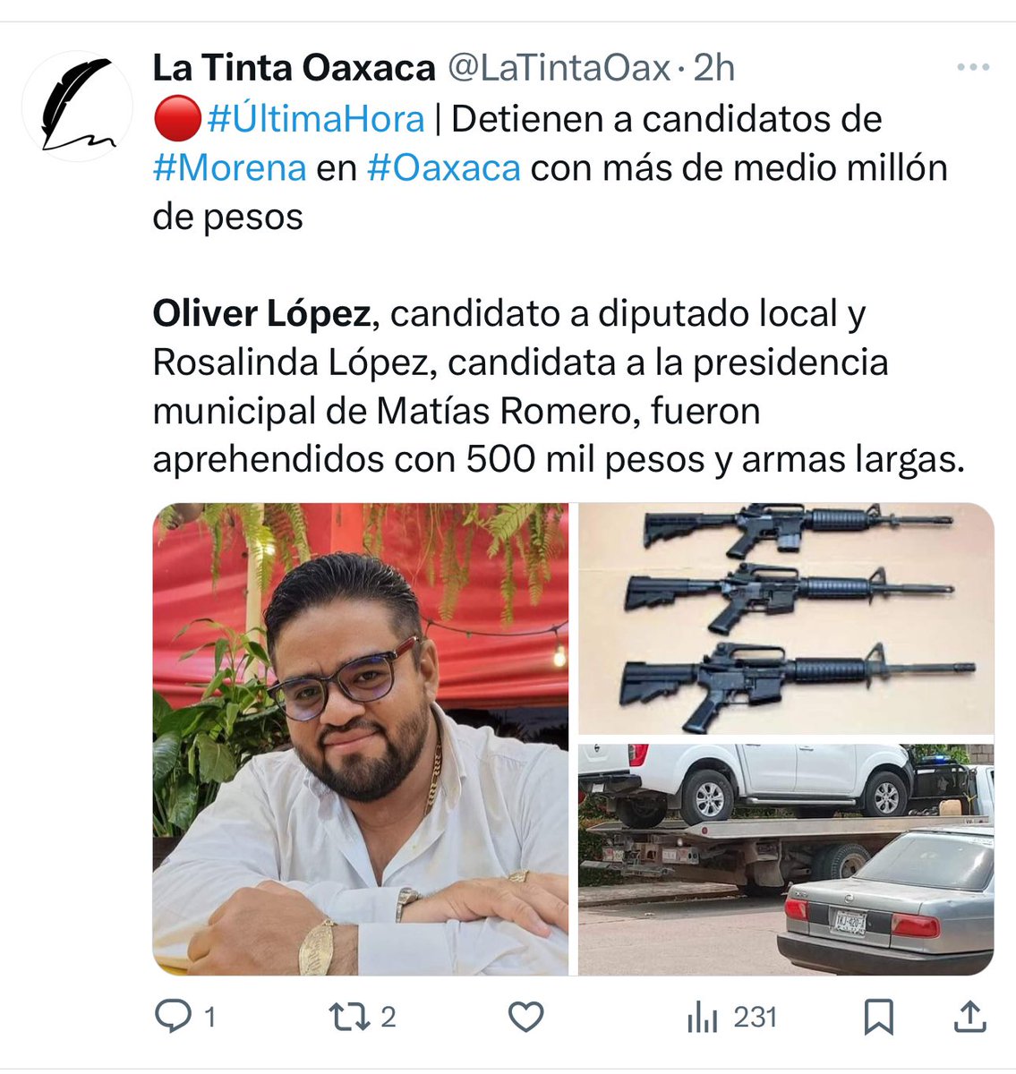 🚨 Detienen a candidato de Morena a diputado local en Oaxaca con medio millón de pesos en efectivo. 

También estaría detenida la candidata a la presidencia municipal de Matías Romero Rosalinda López.