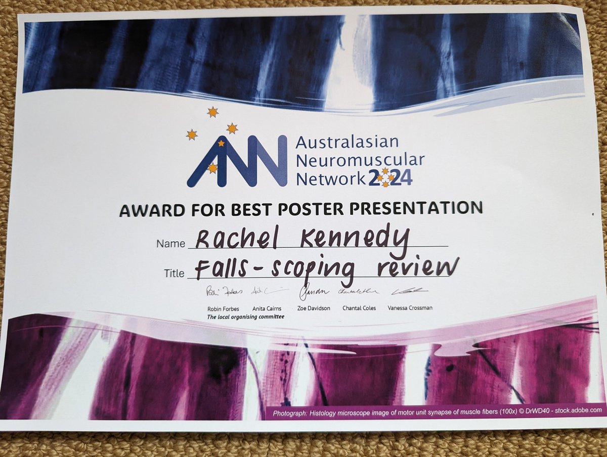 Chuffed to have our poster on Falls among children with disability awarded Best Poster @ANN_AusNZ #ANN2024 Congress this week. A team effort with @Monash_Physio student Richa Hegde working on this scoping review. Thanks to @WorldMuscleSoc for award. @MCRI_for_kids @RCHMelbourne