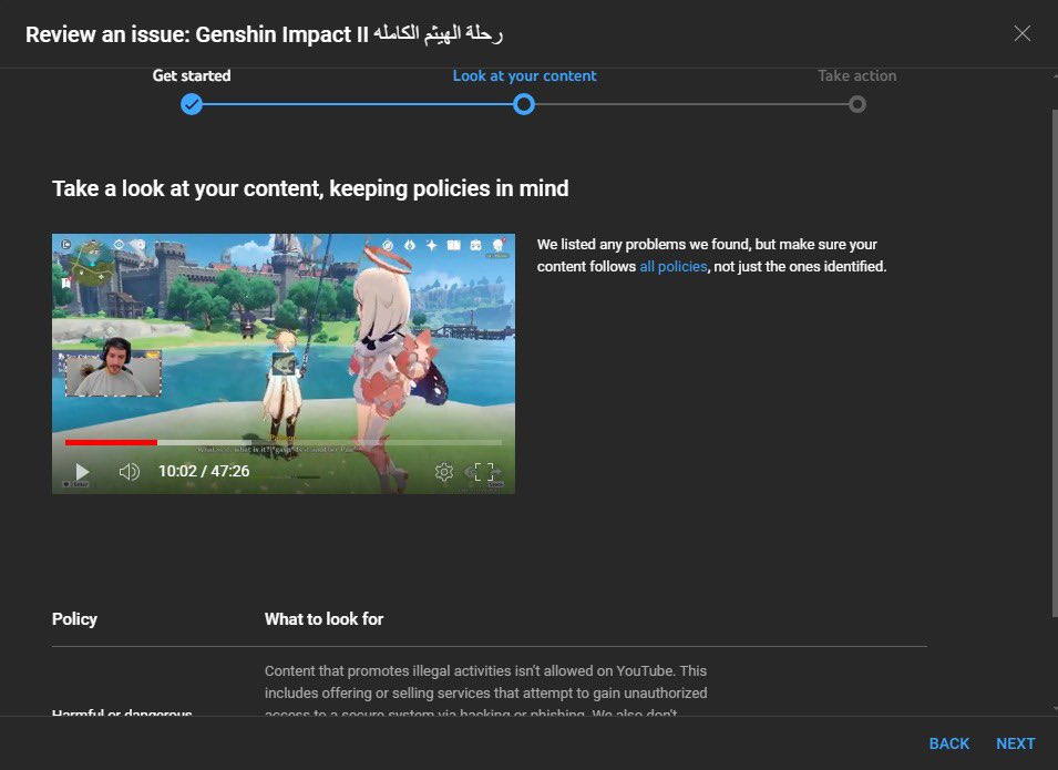 Sanada_AE's tweet photo. @TeamYouTube i was given a false strike on a youtube video for “harmful or dangerous” content ? The video is a genshin impact video that has nothing of that sort, i assume it’s a bug because on the strike review page it says we listed all the problems but it hasn’t listed any https://t.co/zv4ANAVGUa