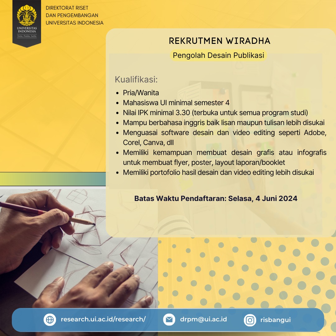 Rekrutmen Wiradha Pengolah Desain Publikasi

Link pendaftaran:dsdm.ui.ac.id/index.php/wira…

Batas waktu pendaftaran
Selasa, 4 Juni 2024

Direktorat Riset dan Pengembangan
Universitas Indonesia

#UniversitasIndonesia #UI #RisbangUI #Research #WiradhaUI #Wiradha