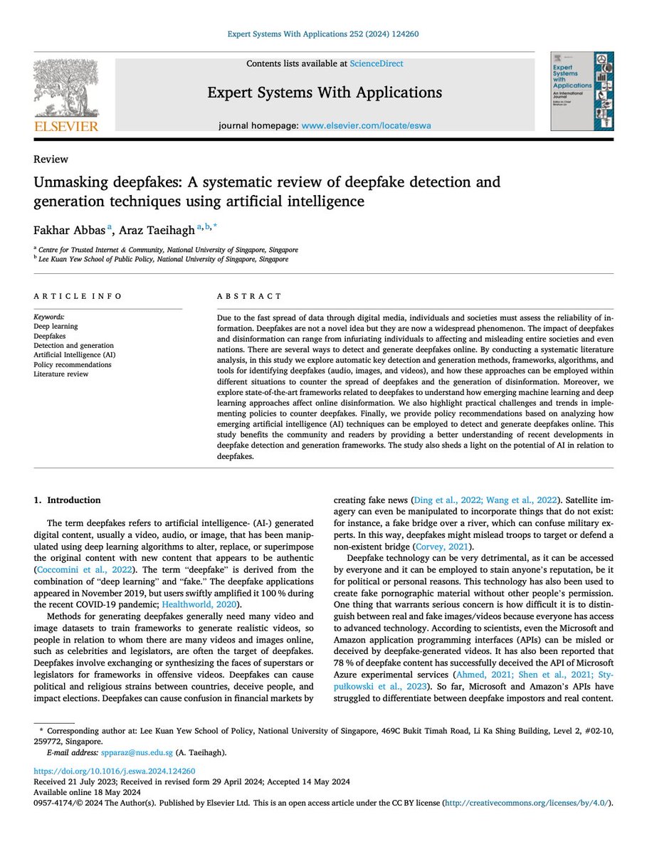 Araz 𝗧aeihagh (@arazth) on Twitter photo 🔍 New Study Alert‼️ "Unmasking Deepfakes: A Systematic Review of Detection and Generation Techniques Using AI" published in Expert Systems With Applications by Fakhar Abbas and <a href="/ArazTH/">Araz 𝗧aeihagh</a>.
The article provides a comprehensive analysis of techniques, tools, and frameworks, along 🔍 New Study Alert‼️ "Unmasking Deepfakes: A Systematic Review of Detection and Generation Techniques Using AI" published in Expert Systems With Applications by Fakhar Abbas and <a href="/ArazTH/">Araz 𝗧aeihagh</a>.
The article provides a comprehensive analysis of techniques, tools, and frameworks, along
