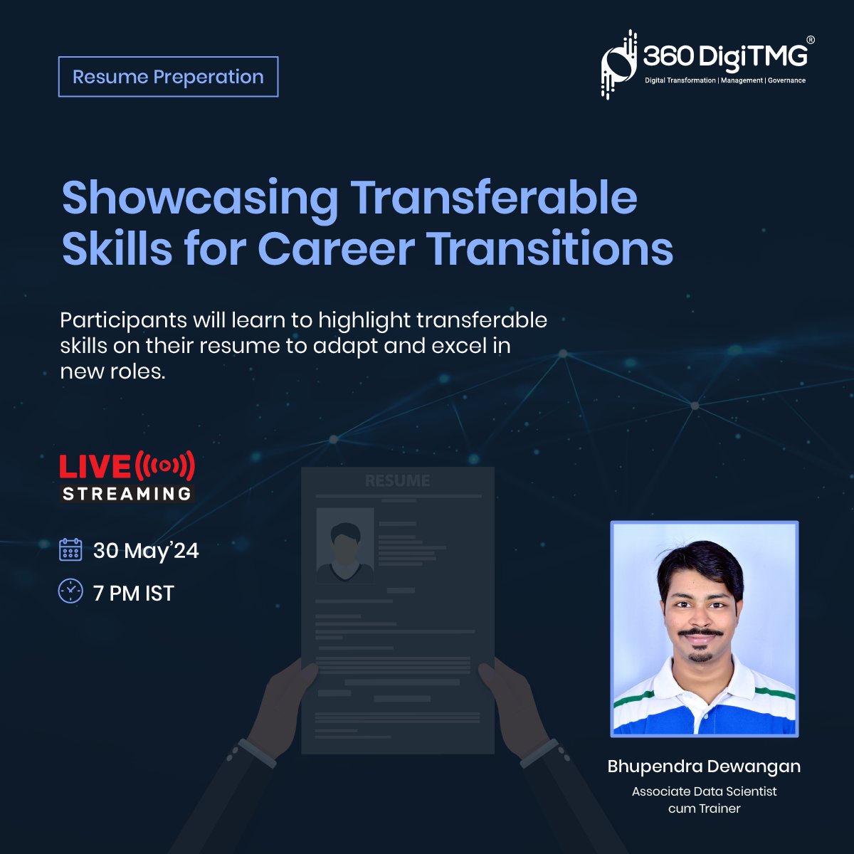 📄 Ready to embark on your dream career journey? Join us on May 30th at 7:00 PM IST for an exciting expedition! 🚀 

📱 Stay updated! Join our WhatsApp Channel for further updates:📱
🔗 360digitmg.in/360DigiTMG-wha…

Tap the link below to join the session:
🔗360digitmg.in/resume-buildin…