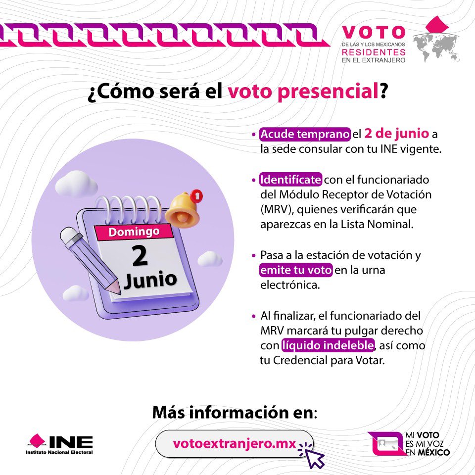🌍 Si vives fuera del país y ejercerás tu #VotoExtranjero en la modalidad presencial, conoce el paso a paso de cómo realizarlo el próximo #2DeJunio 🗳️ Ingresa a: votoextranjero.mx