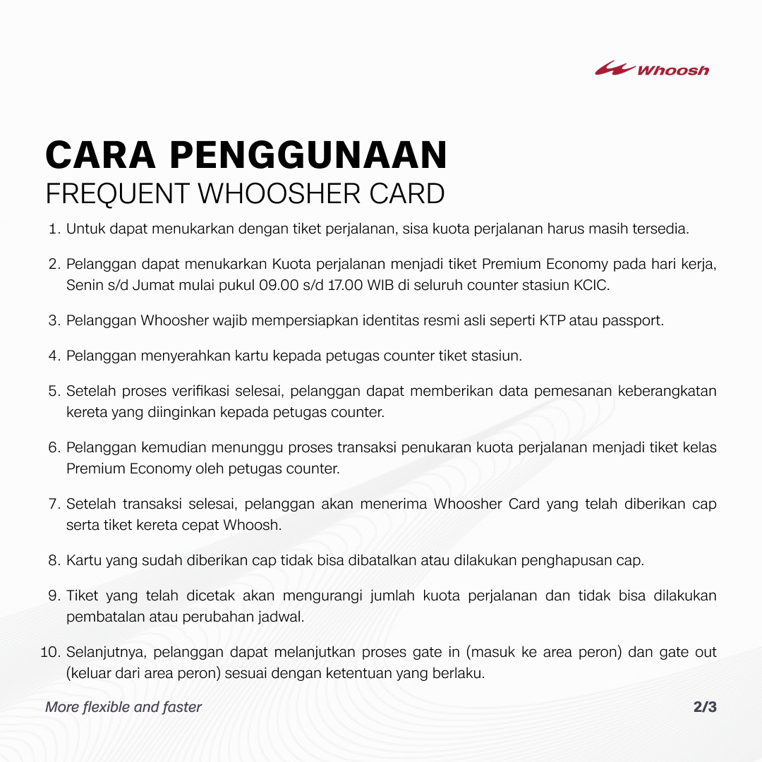KeretaCepatID's tweet photo. Perjalanan jadi lebih fleksibel dan cepat. Hanya dengan Rp1.750k saja kamu sudah dapat 10 trips! Bagi 100 orang pembeli pertama bahkan akan mendapat bonus 2 trips!

Oiya kartu ini sangat terbatas lho! Dapatkan Frequent Whoosher Card-mu segera di Stasiun Halim.

Komen di bawah ini kalau kamu tertarik! 👇🏻✨

#FrequentWhooser
#FlexibleFaster
#Whoosh
#KeretaCepat
#NgeWhooshAja