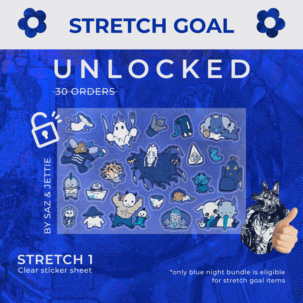 🔓 STRETCH GOAL UNLOCKED 🔓

Presenting our clear sticker sheet (by @sazhimii and @jettienet)! Scattered with little guys, this’ll be included in all full bundle orders — don’t miss your chance to get one!

➕ bluedorohedoro.bigcartel.com