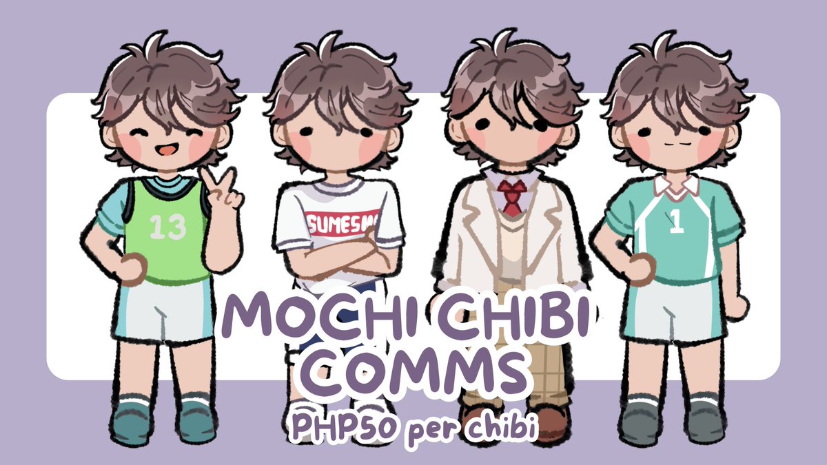 🎶 MOCHI CHIBI STYLE COMMS 🎶

It’s PHP 50 per fullbody chibi, and method of payment is gcash, for this style specifically ! ^^

Likes and RTS appreciated! 💜

#VTuberEN #PHVtuber #PHcommision