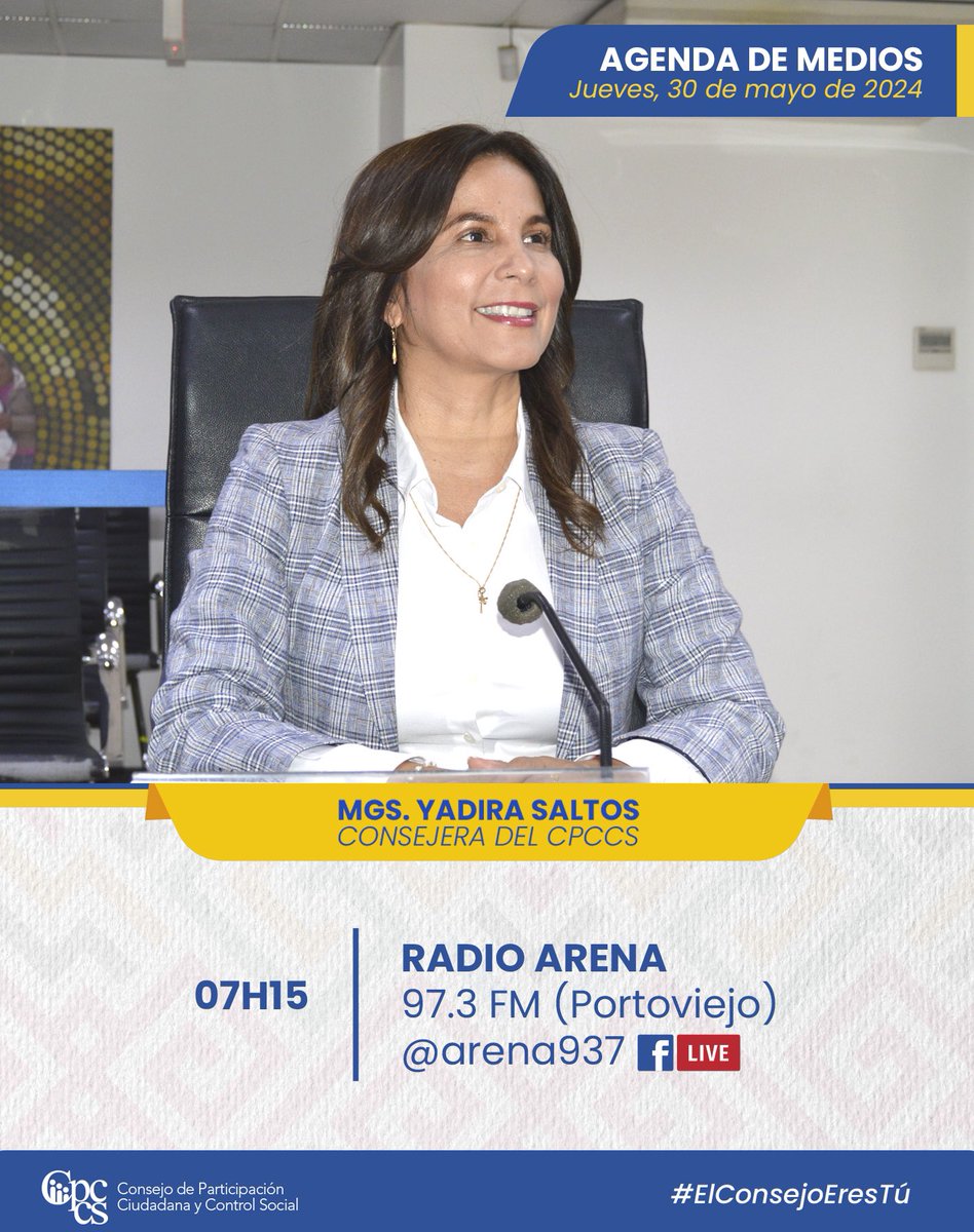 𝐀𝐓𝐄𝐍𝐂𝐈𝐎́𝐍 // 🎥
🎙️|| 📻Acompáñame en mi agenda de Medios ⬇️

@arena937
#YadiraSaltos 
#ElPoderLoTienesTú 
#ElPoderDeLaGente 
🇪🇨 𝐂𝐨𝐧𝐬𝐞𝐣𝐨 𝐝𝐞 𝐏𝐚𝐫𝐭𝐢𝐜𝐢𝐩𝐚𝐜𝐢𝐨́𝐧 𝐂𝐢𝐮𝐝𝐚𝐝𝐚𝐧𝐚 𝐲 𝐂𝐨𝐧𝐭𝐫𝐨𝐥 𝐒𝐨𝐜𝐢𝐚𝐥 (𝐂𝐏𝐂𝐂𝐒)
#Noticia
#Urgente 
#Ecuador