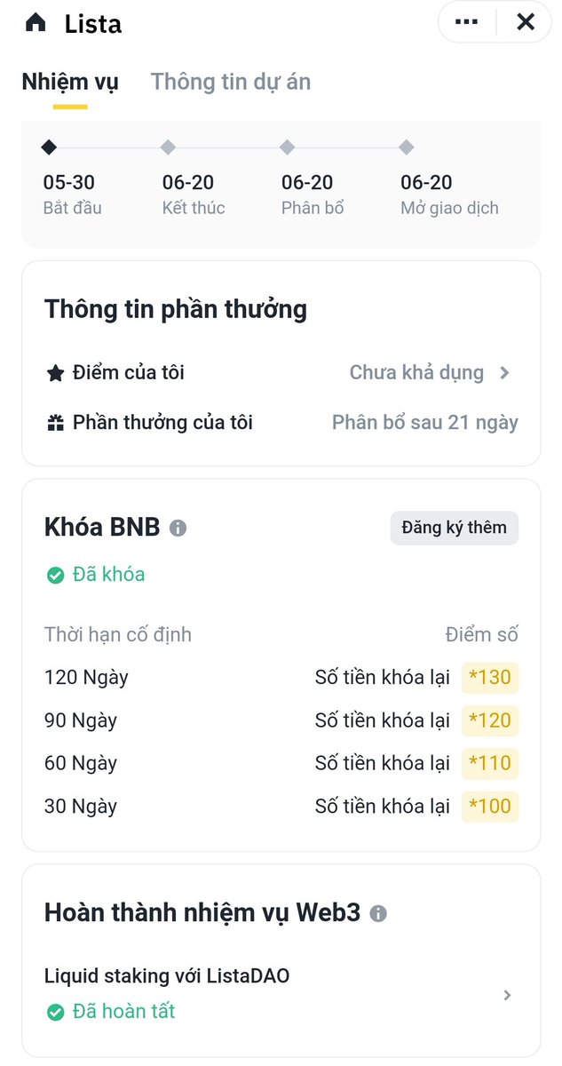 Megadrop Lista đã mở !
Stake ít nhất 0.001 BNB và khoá 30 ngày
Nhiệm vụ Web3: stake ít nhất 0.01BNB vào lista
Stake xong quay lại bấm xác minh > Done