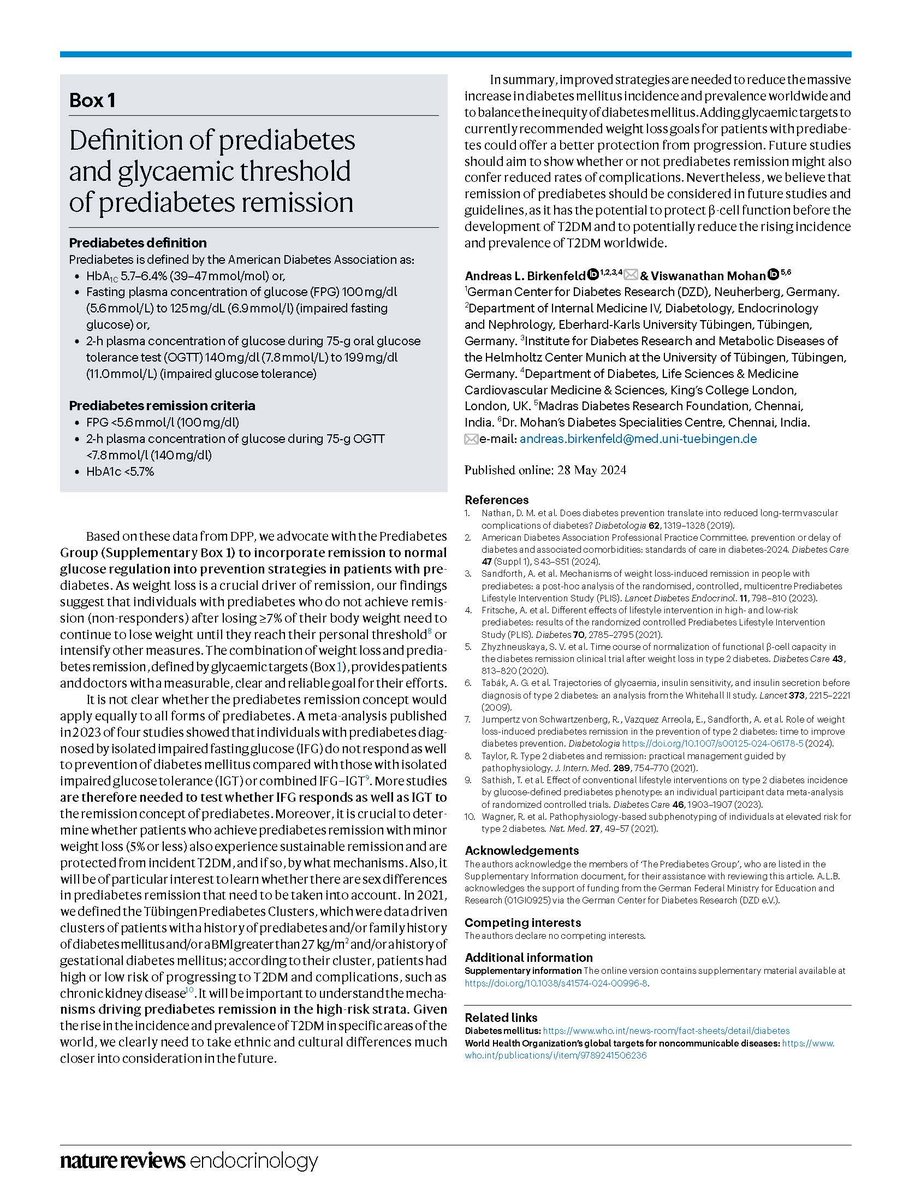 Diabetes Remission is well known. My article with @Dr_Birkenfeld published in Nature Reviews Endocrinology on the importance of the concept of Prediabetes Remission which is easier to achieve, but rarely talked about.

#remission #diabetes #type2diabetes #prediabetes
