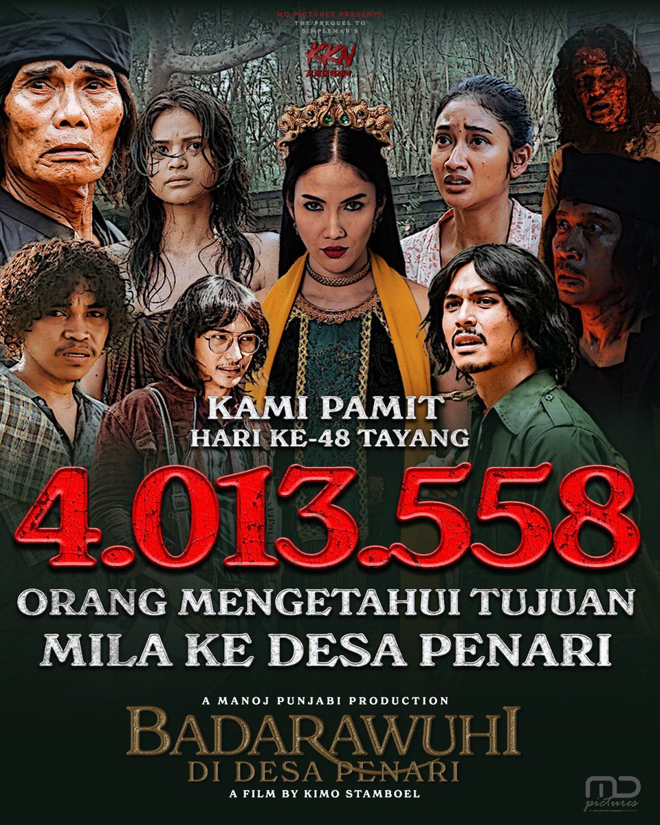 𝟒.𝟎𝟏𝟑.𝟓𝟓𝟖 orang yang sudah melihat misteri di desa penari.

Di hari ke-48, Badarawuhi pamit dari bioskop. Terima kasih untuk kalian yang sudah mendukung 𝐁𝐚𝐝𝐚𝐫𝐚𝐰𝐮𝐡𝐢 𝐝𝐢 𝐃𝐞𝐬𝐚 𝐏𝐞𝐧𝐚𝐫𝐢.

#BadarawuhiDiDesaPenari
#Badarawuhi
#MDEntertainment
#MDPictures