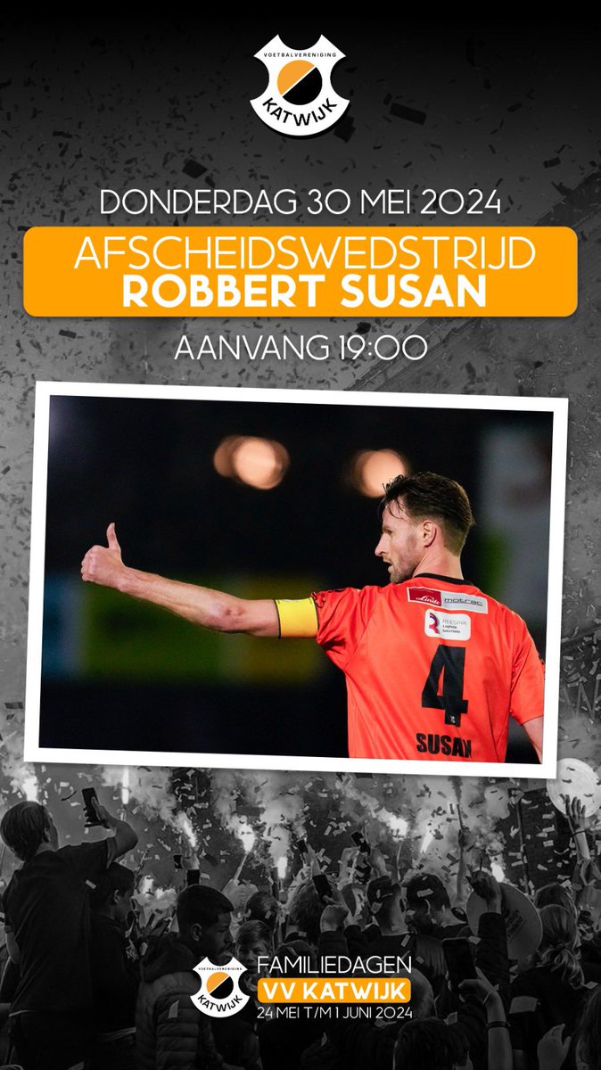 vvkatwijk's tweet image. FAMILIEDAGEN | Vanavond vanaf 19.00 uur de afscheidswedstrijd van Robbert Susan: Het huidige Katwijk tegen oud-spelers. Daarna in de kantine de Hollandse avond!

Tot vanavond!