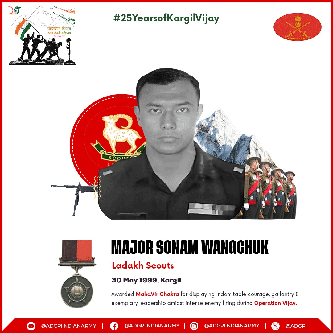 #25YearsofKargilVijay #KVDRajatJayanti Major Sonam Wangchuk Ladakh Scouts 30 May 1999 Major Sonam Wangchuk displayed indomitable courage, gallantry & exceptional leadership while leading his team amidst intense enemy firing to clear the Chorbatla Axis up to LoC during