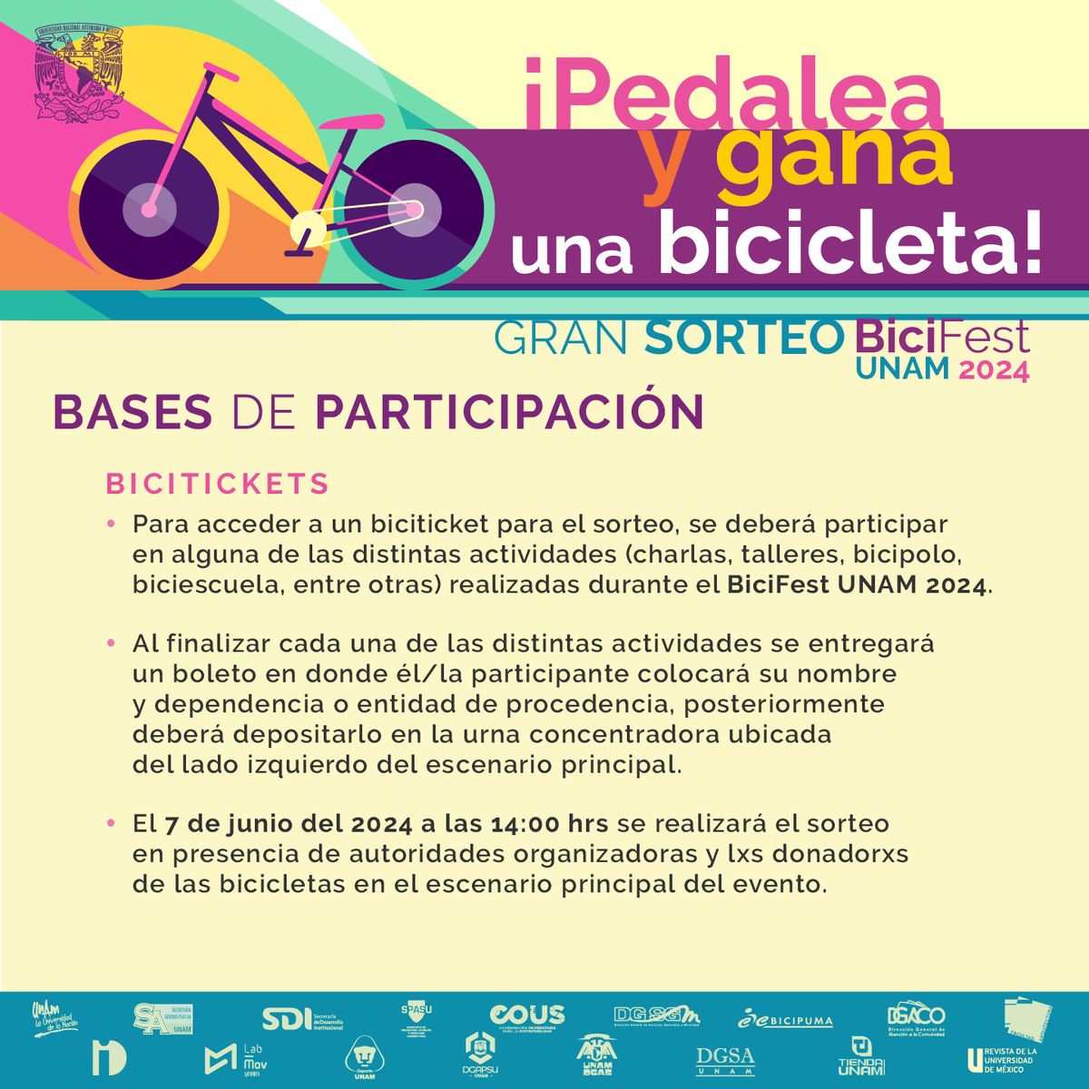 cousunam's tweet photo. Óyeme, @Comunidad_UNAM , llévame en tu bicicleta 🎶🎶🎶 🚴♀️🚴♂️🚴
#Quiero que recorramos juntos #CU el próximo 7 de junio de 10:30 a 15:00 hrs
¡Pedalea y gana una 🚲🚲🚲!
#GranSorteo #BiciFestUNAM 2024
Consulta las bases de participación 👇 https://t.co/oFjpT5yGqG