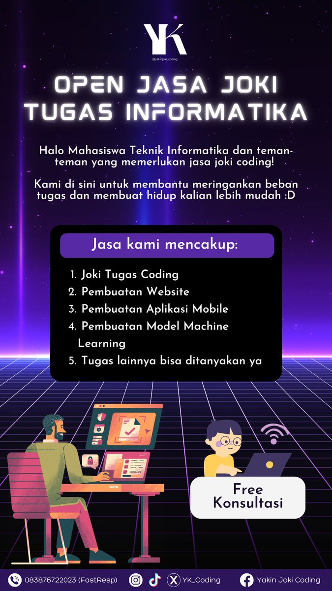 yk_coding's tweet image. Hallo warga X, aku mau infoin nih kalau ada jasa coding amanah dan terpercaya😎 Next inpo ada di bawah yak
#jasajoki #jokicoding #TI #teknologiinformaka #informatila #coding #teknikinformatika #jasa #joki #jokitugas #jokicodingmurah #anakteknik #jokiinformatika #jokiteknik