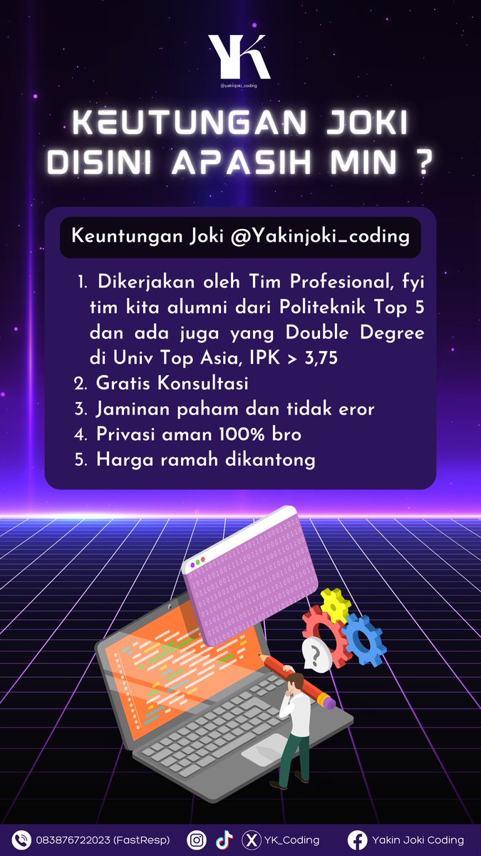 yk_coding's tweet image. Hallo warga X, aku mau infoin nih kalau ada jasa coding amanah dan terpercaya😎 Next inpo ada di bawah yak
#jasajoki #jokicoding #TI #teknologiinformaka #informatila #coding #teknikinformatika #jasa #joki #jokitugas #jokicodingmurah #anakteknik #jokiinformatika #jokiteknik
