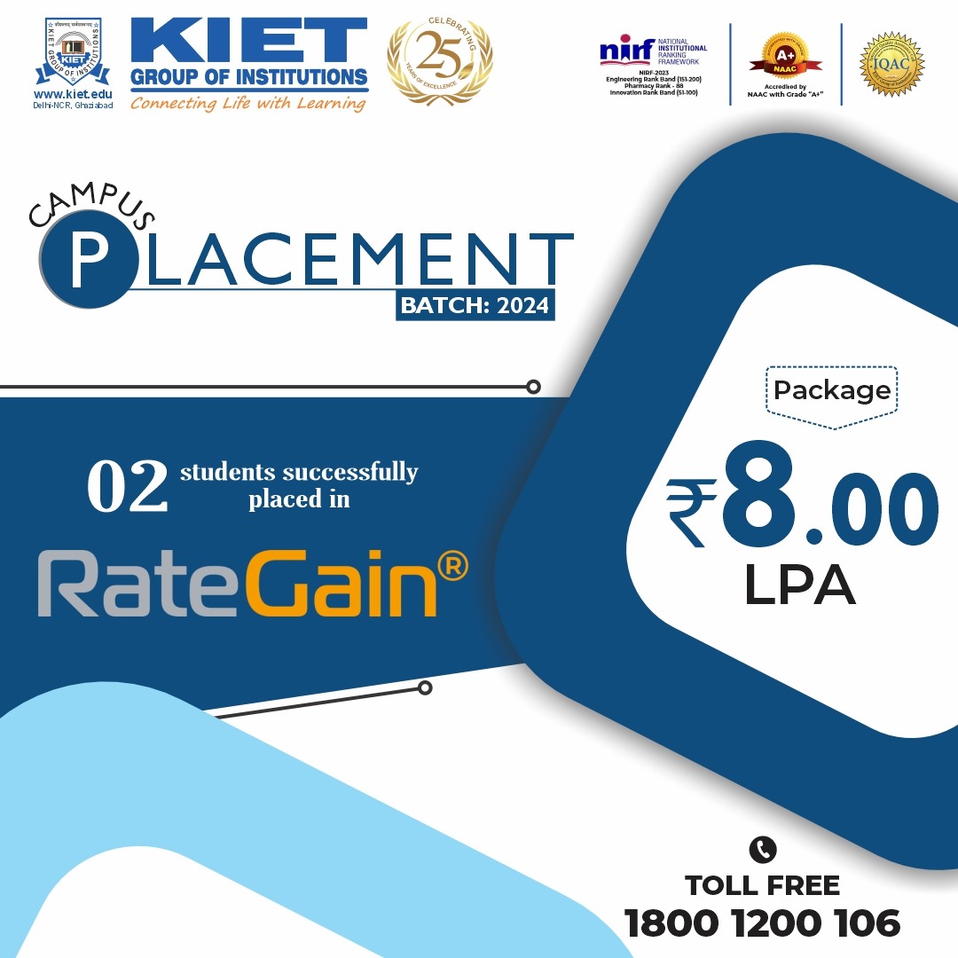 Congratulations to our talented students for securing placements at RateGain!

#kiet_group_of_institutions #KIETGZB #kietengineeringcollege #KIET #AKTU #AICTE #TopEngineeringCollegesinDelhiNCR #BestEngineeringCollegesinDelhiNCR
#PlacementSuccess #RateGain
