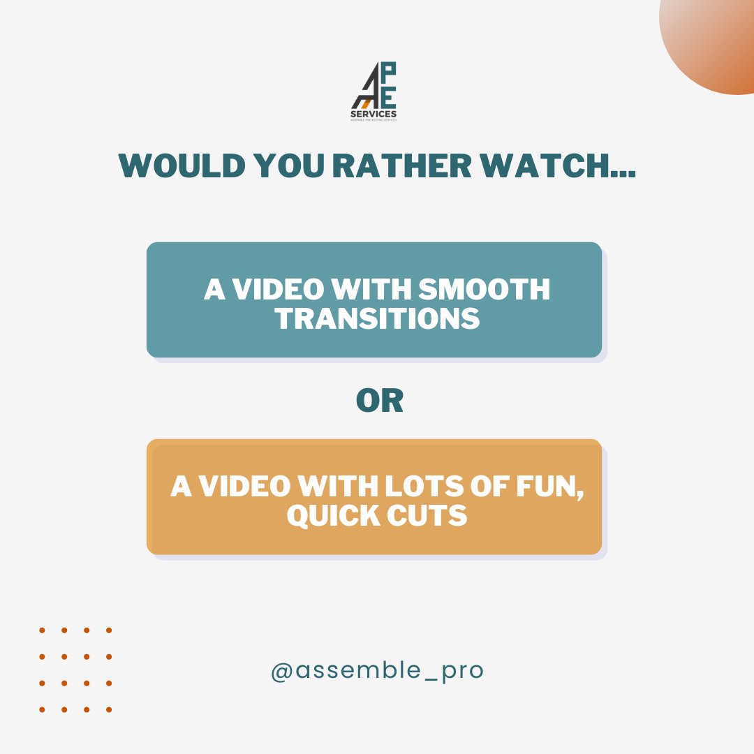 assemble_pro's tweet photo. Smooth transitions or fun, quick cuts? 🎬 Which editing style keeps you hooked? Let us know! #VideoEditing #apes #assemblepro https://t.co/7JndFUuTNg