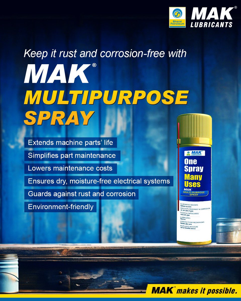 Whether complex #electricalsystems or heavy #machinery, #MAKMULTIPURPOSESPRAY keeps everything running smoothly by preventing #rustandcorrosion & keeping components dry. #multipurposespray #machineparts #machinerepair #machinemaintenance #ecofriendly #autoparts #electricalparts