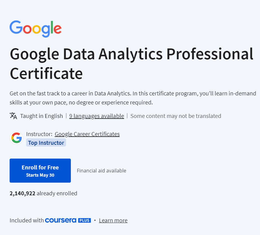 Google Data Analytics Professional Certificate https://t.co/H03CvcSbk6