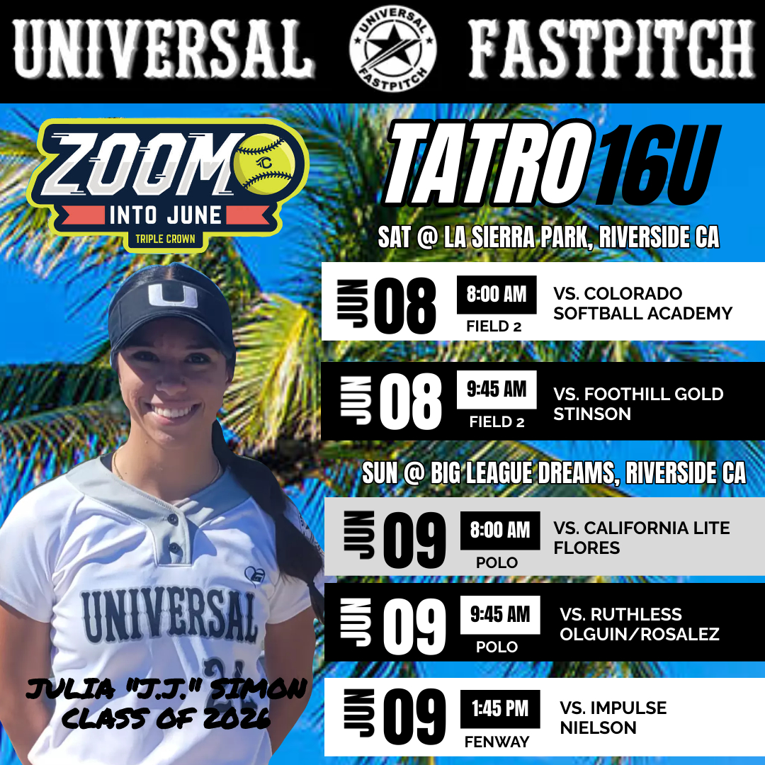 Summer is HERE! That means @UniversalTatro's Zoom Into June schedule drop. Can't wait to get back on the field with my team in SoCal🌞⛱️ Let's Go U!!!🖤🤍