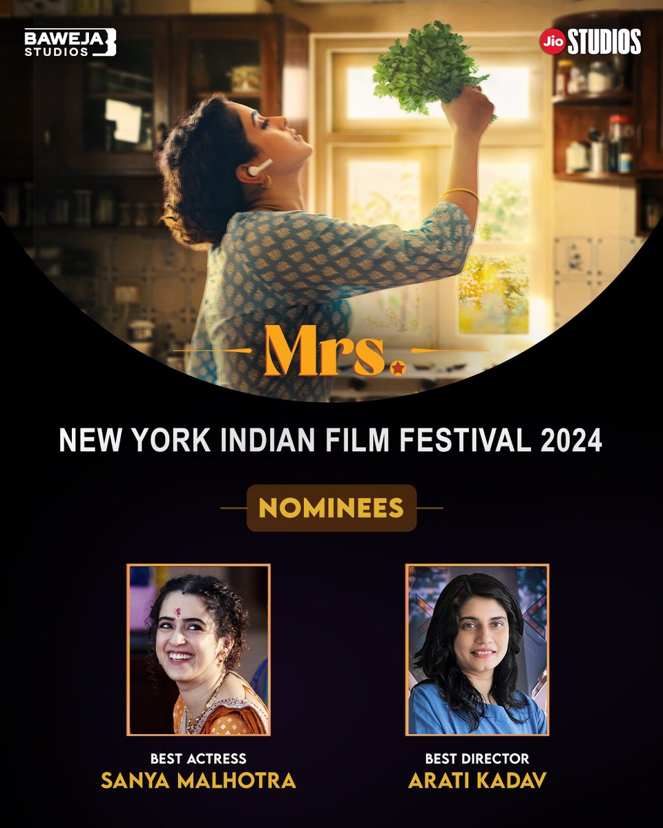 We're incredibly excited to share that our Hindi film 'Mrs', will be screening at the esteemed #NewYorkIndianFilmFestival2024! 🎬✨But wait, there's more! Our amazing Sanya Malhotra is up for Best Actress, and the brilliant Arati Kadav has been nominated for Best Director.