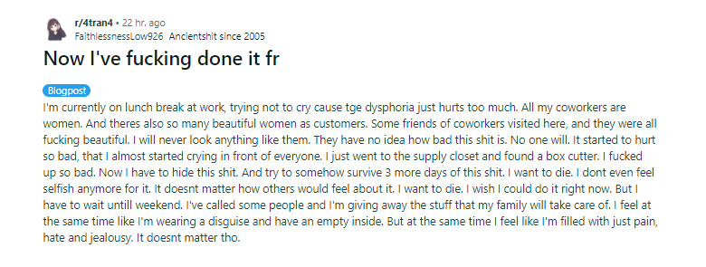 ManySuchCases's tweet photo. This unhinged trans-identified male is experiencing thoughts of self-termination because he can't become the object of his desires. He needs serious mental health help, not to be "affirmed" in his "gender identity"! https://t.co/EBFqgwfxW0