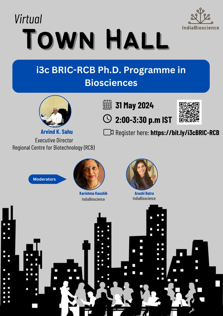 Learn about ' The i3c BRIC-RCB Ph.D. Programme in Bioscience' via a Virtual Town hall meeting! Please refer to the flyer for the details. @DBTIndia @IndiaBioscience