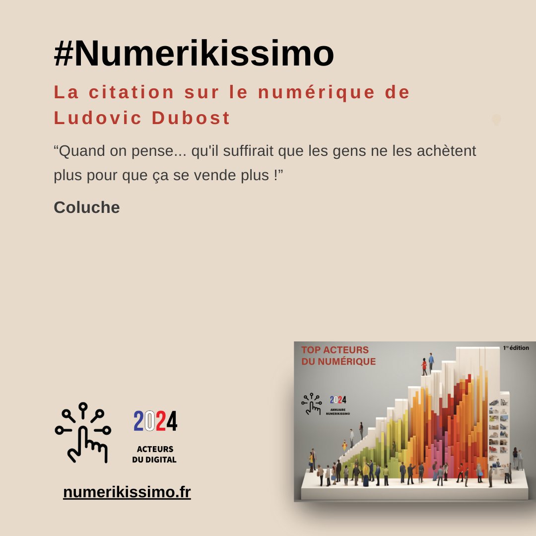 emiliemarquois's tweet photo. #CitationDuJour 💬 Retrouvez la citation sur le numérique de @ldubost dans le Top acteurs du numérique en France en 2024. ⤵️

Téléchargez le livre @numerikissimo avec + de 100 personnalités ! ▶️ https://t.co/WGECymlLtV

#Numerikissimo #Coluche https://t.co/VWvGw0IGYB