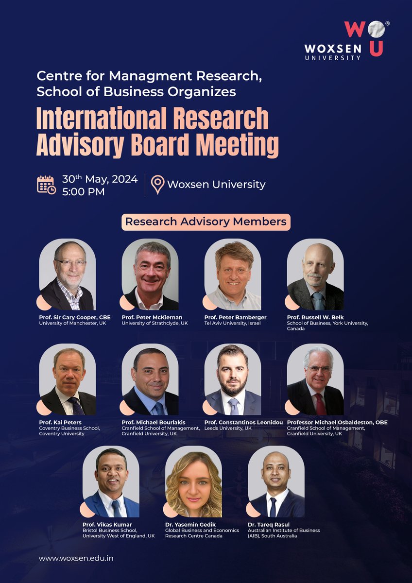 The Centre for Management Research, School of Business, Woxsen University is pleased to host the 3rd International Research Advisory Board Meeting.

#woxsenuniversity #research #internationalisation #advisoryboard #highereducationleadership #newagelearning #university #hyderabad