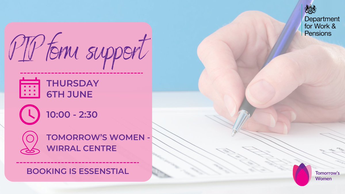 DWP are offering appointments on 6th June at #tomorrowswomenwirral for anyone needing support and help with claiming PIP (previously know as DLA). Booking is essential, visit reception or call us to book your slot 0151 647 7907 #pipforms #pipformsupport #tomorrowswomen