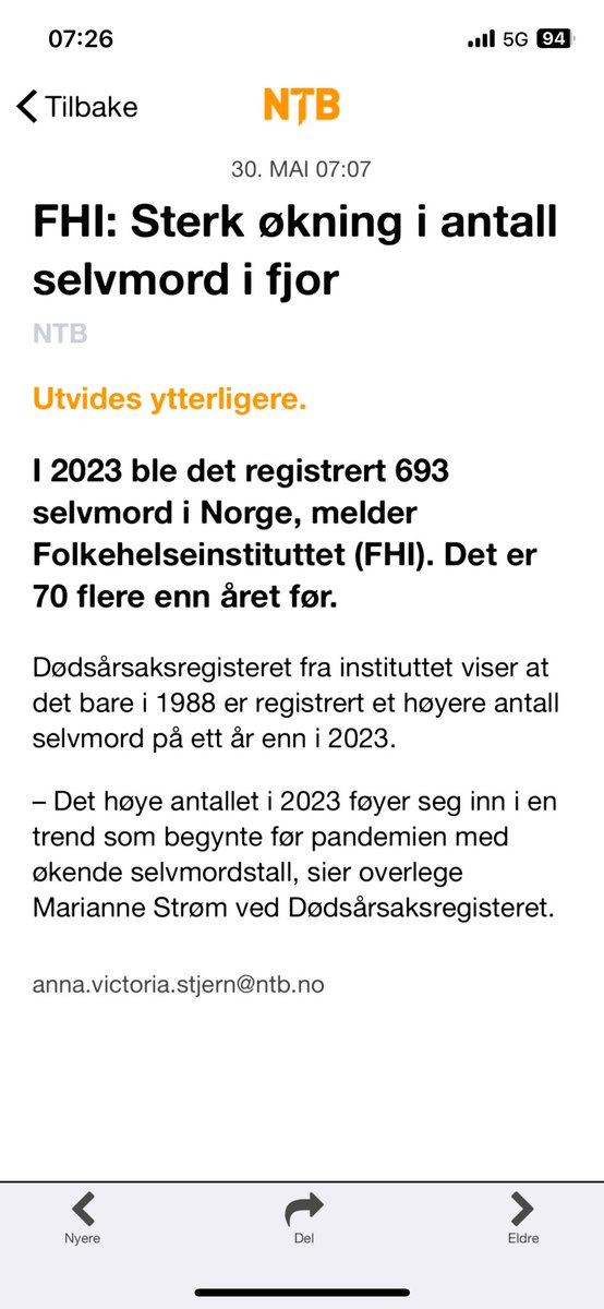 I dag, torsdag 30. mai, får vi vite at det var mange selvmord i fjor.  Selvmord er det eneste området der vi ikke vil vite om antall selvmord går opp eller ned. Vi velger å vente til året etter før vi får svar.