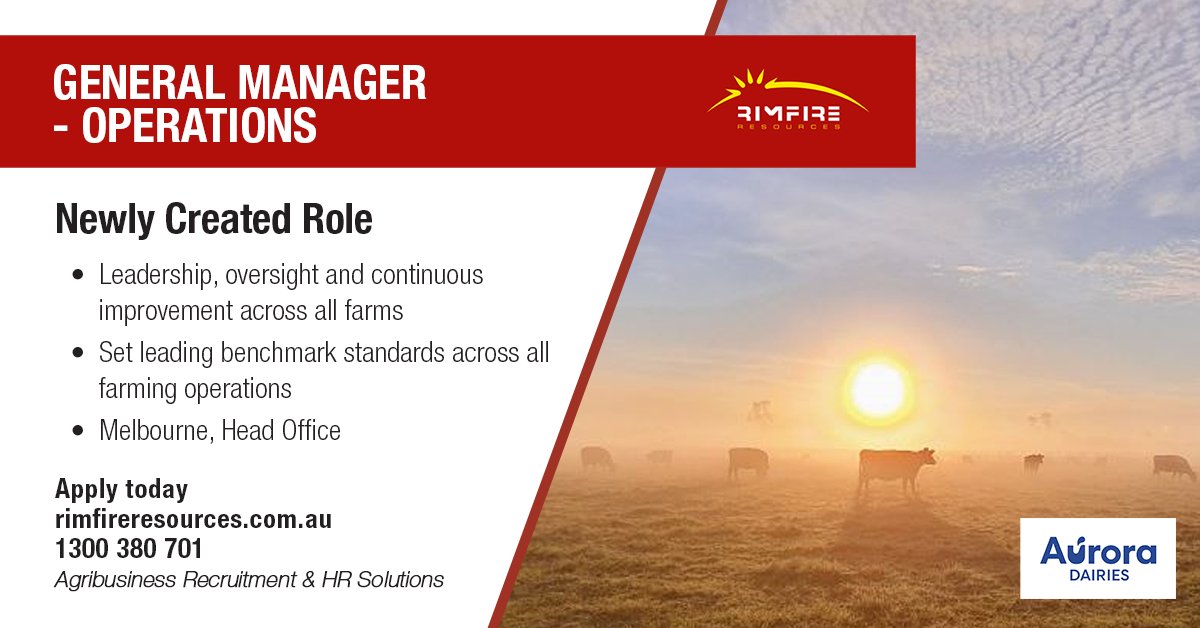 Join Aurora Dairies as General Manager - Operations, leading a highly skilled business unit across their portfolio of properties in Australia and NZ.

Apply today: adr.to/xhluiai

#gm #operations #dairy #agriculture #agribusiness #agjobs #rimfireresources