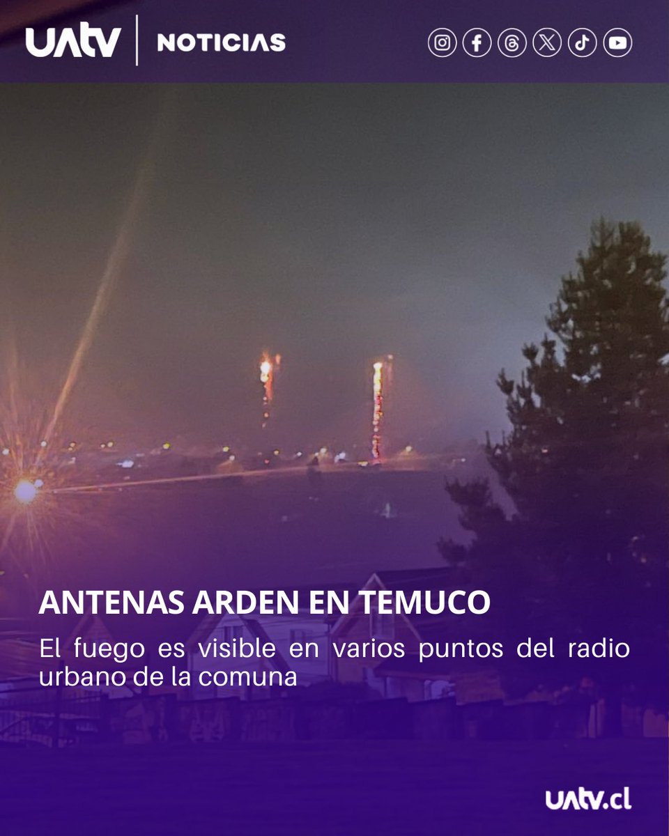 🚨Dos antenas de telefonía fueron reportadas en llamas entre el sector Fundo El Carmen y la ruta Temuco-Chol Chol, lo que obligó al despliegue de Bomberos. Preliminarmente el lugar es en las calles Las Industrias y Malleco.

#Temuco