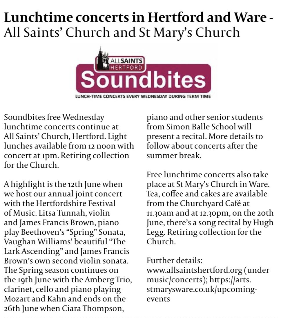 Thank you @flyeronline Hertford & Ware edition for this feature about our festival which opens on 7 June #musicfestivals #concerts #livemusic #events #hertford #herts #ware hertsmusicfest.org.uk