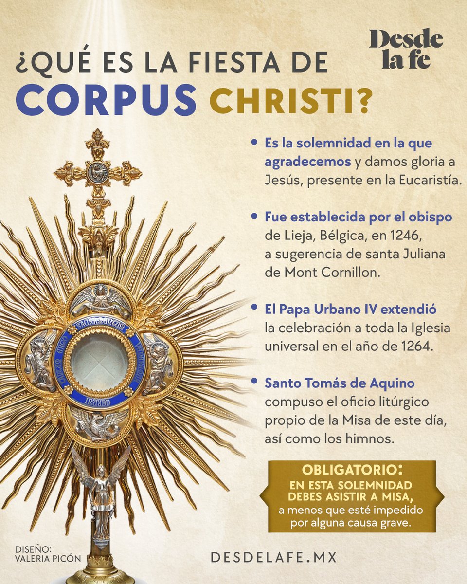 ¡Feliz fiesta de #CorpusChristi! 😇🙌 Esta celebración es muy especial para nosotros, los católicos, pues en ella se realza la presencia real de Jesús en el Sacramento de la Eucaristía. 😌