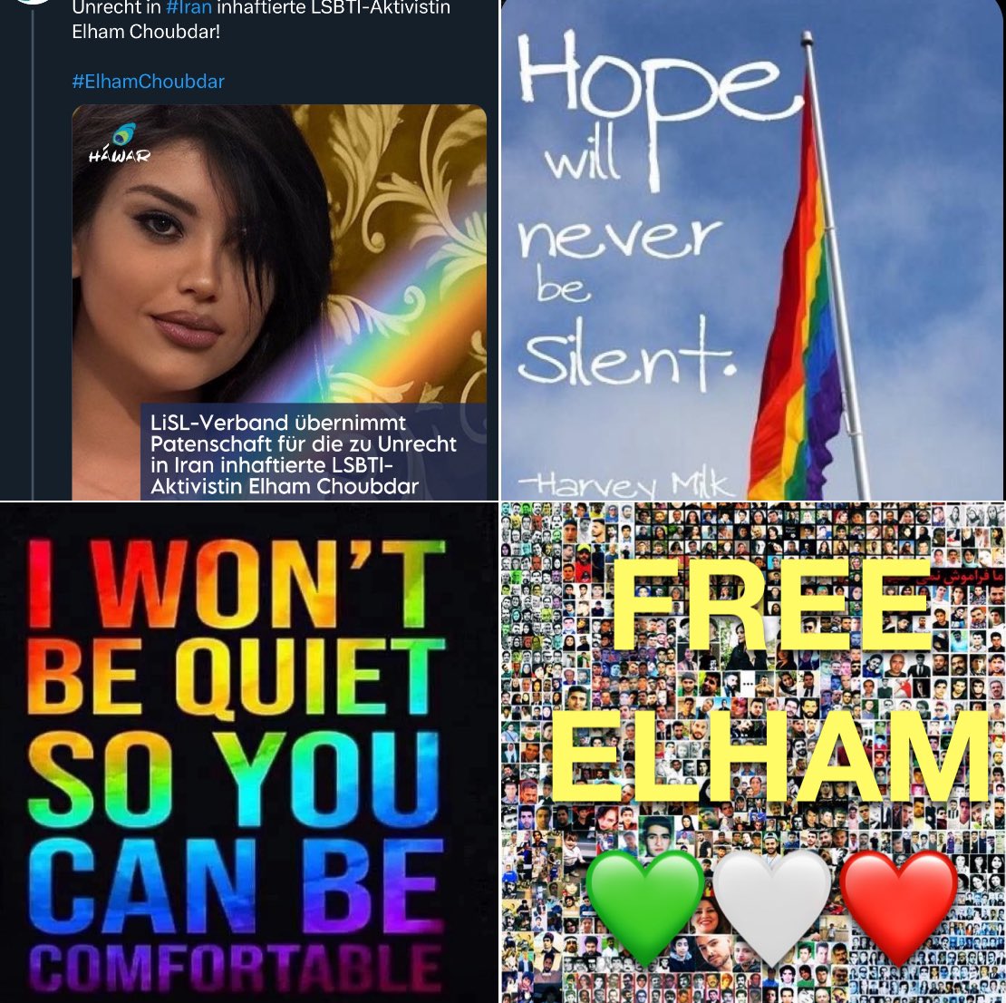 Bine246's tweet image. Jeder Mensch verdient Respekt und Gleichbehandlung, unabhรคngig von seiner sexuellen Orientierung oder geschlechtlichen Identitรคt. In der islamischen Republik kรคmpfen mutige Iranerinnen wie Elham fรผr Freiheit. Elham wurde zuerst zum Tode verurteilt, aber durch internationalenโฆ