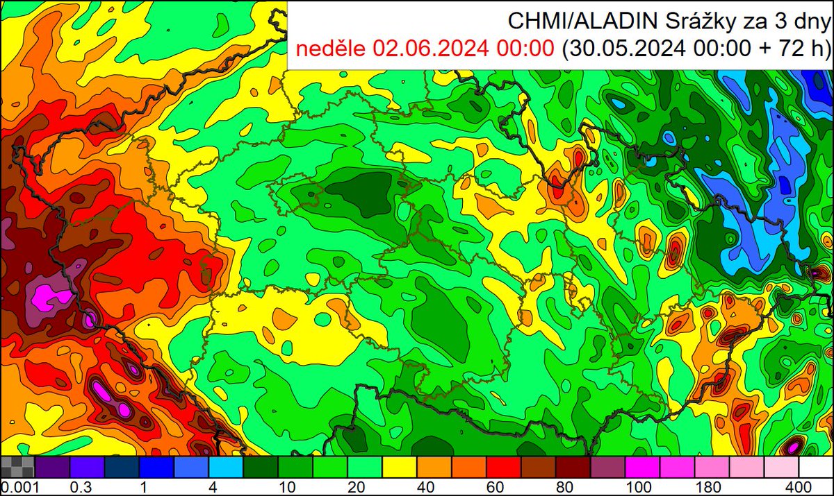 #pocasi ☔️V následujících dnech bude počasí u nás ovlivňovat tlaková níže, která se bude udržovat nad střední Evropou. Bude přinášet hodně oblačnosti a hlavně srážek (Obr. Množství srážek za 72 h Čt, Pá a So). 🌧Budou se vyskytovat přeháňky nebo déšť, který může být místy a